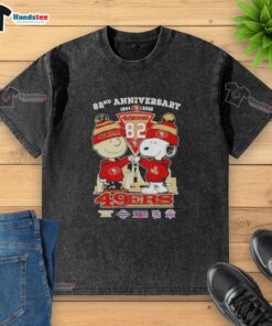Cute Charlie Brown and Snoopy celebrate Super Bowl 82nd Anniversary on a San Francisco 49ers skyline washed t-shirt.