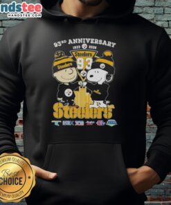 Alt Text: Cute Charlie Brown and Snoopy celebrate Super Bowl 93rd Anniversary with Pittsburgh Steelers skyline hoodie.