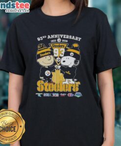 Alt Text: Cute Charlie Brown and Snoopy celebrate Super Bowl 93rd Anniversary with Pittsburgh Steelers skyline on ladies tee.