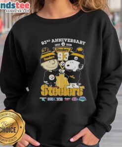 Alt Text: Cute Charlie Brown and Snoopy sweatshirt celebrating Super Bowl 93rd Anniversary 1933-2026 with Pittsburgh Steelers skyline.