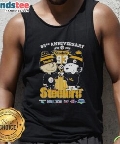 Alt Text: Cute Charlie Brown and Snoopy celebrate the 93rd Super Bowl anniversary in a Pittsburgh Steelers tank top.