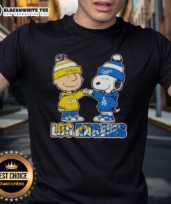 Alt Text: Cute Charlie Brown fist bump with Snoopy on Los Angeles Rams and Dodgers T-shirt, perfect for sports fans.