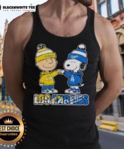 Adorable Charlie Brown and Snoopy fist bump in Los Angeles sports Rams and Dodgers themed tank top.