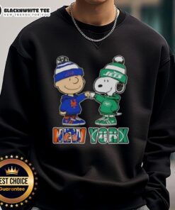 Cute Charlie Brown and Snoopy fist bump in NYC sports sweatshirt featuring Knicks and Jets logos.