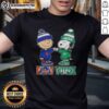Alt Text: Cute Charlie Brown and Snoopy fist bump on Knicks X Jets t-shirt, perfect for New York City sports fans.