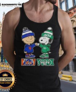 Adorable Charlie Brown and Snoopy fist bump in Knicks and Jets tank top, showcasing NYC sports spirit.