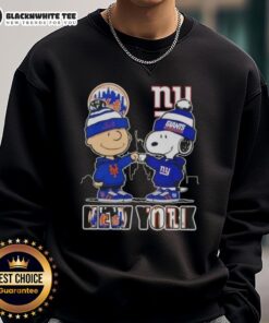 Alt Text: Cute Charlie Brown fist bump with Snoopy, NYC skyline, Mets and Giants sweatshirt design.