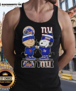 Adorable Charlie Brown fist bump with Snoopy in a New York City skyline tank top, featuring Mets and Giants themes.