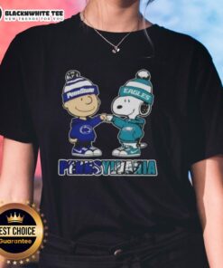 Cute Charlie Brown fist bump with Snoopy, showcasing Nittany Lions and Philadelphia Eagles theme on a ladies tee.