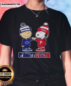 Cute Charlie Brown fist bump with Snoopy in Nittany Lions tee, celebrating Philadelphia Phillies spirit.