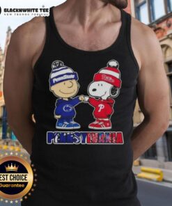 Charlie Brown and Snoopy fist bump in a cute tank top featuring Nittany Lions and Phillies graphics.