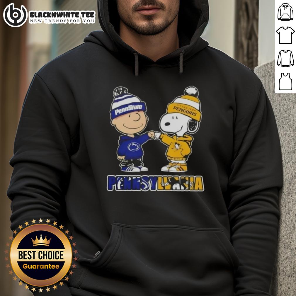 Cute Charlie Brown Fist Bump Snoopy Pennsylvania City Nittany Lions X Pittsburgh Penguins Hoodie Cute Charlie Brown fist bump with Snoopy in Nittany Lions hoodie, featuring Pittsburgh Penguins logo in Pennsylvania.