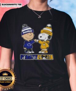 Alt Text: Cute Charlie Brown fist bump with Snoopy on a Pennsylvania city tee, featuring Nittany Lions and Penguins design.