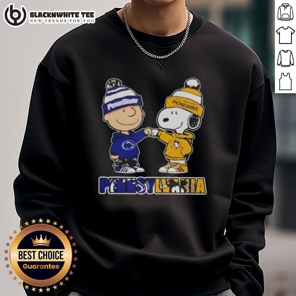 Cute Charlie Brown Fist Bump Snoopy Pennsylvania City Nittany Lions X Pittsburgh Penguins Sweatshirt Charlie Brown fist bumping Snoopy in Nittany Lions vs. Pittsburgh Penguins sweatshirt design from Pennsylvania city.