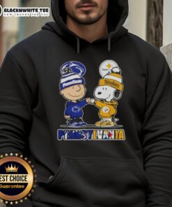 Alt Text: Cute Charlie Brown fist bump with Snoopy on hoodie featuring Pennsylvania city skyline, Nittany Lions, and Steelers.