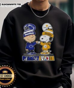 Adorable Charlie Brown and Snoopy fist bump on a Pennsylvania skyline sweatshirt featuring Nittany Lions and Steelers.