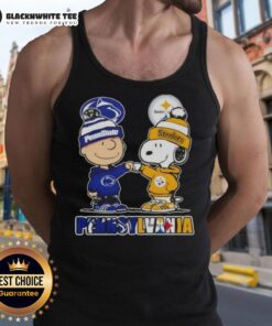 Alt Text: Cute Charlie Brown fist bump with Snoopy in a Pennsylvania city skyline tank top featuring Nittany Lions and Steelers.