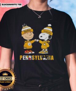 Alt Text: Cute Charlie Brown fist bump with Snoopy, showcasing Pittsburgh Steelers and Penguins spirit on a ladies tee in Pennsylvania.