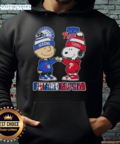 Cute Charlie Brown fist bump with Snoopy on a Philadelphia sports hoodie for 76ers and Phillies fans.
