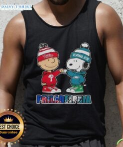 Cute Charlie Brown fist bumping Snoopy in Philadelphia sports tank top, showcasing Phillies and Eagles team spirit.