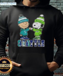 Cute Charlie Brown and Snoopy fist bump in a Seattle hoodie, celebrating city sports with Mariners and Seahawks pride.