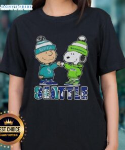 Adorable Charlie Brown fist bump with Snoopy, celebrating Seattle sports - Mariners & Seahawks ladies tee design.