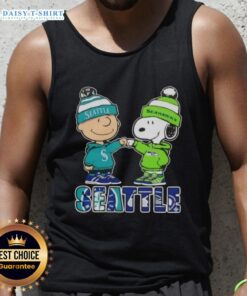 Alt Text: Cute Charlie Brown and Snoopy fist bump in Seattle Mariners and Seahawks tank top, perfect for sports fans.