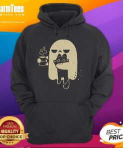 Cute ghost in a hoodie holding a cat while sipping coffee, perfect for cozy Halloween vibes and cat lovers.