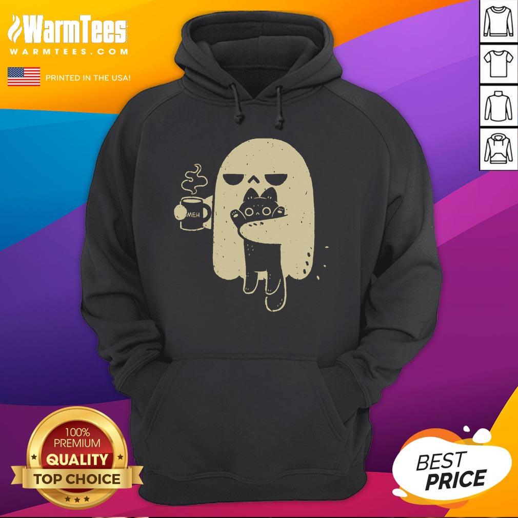 cute-ghost-meh-coffee-holding-cat-hoodie Cute ghost in a hoodie holding a cat while sipping coffee, perfect for cozy Halloween vibes and cat lovers.