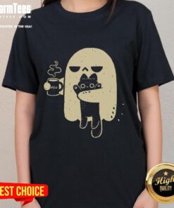 Cute ghost holding a coffee cup and a cat, featured on a ladies' tee, perfect for Halloween or casual wear.