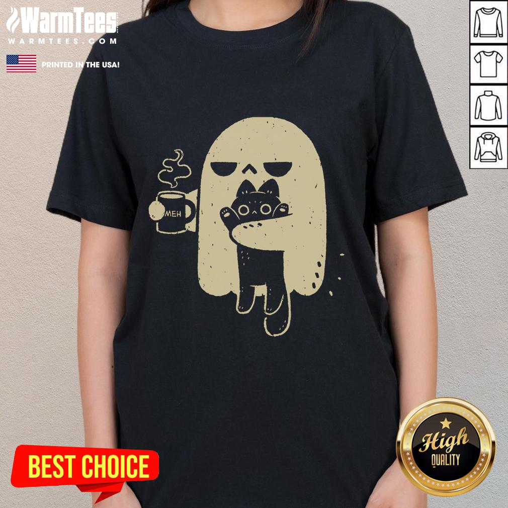 cute-ghost-meh-coffee-holding-cat-ladies-tee Cute ghost holding a coffee cup and a cat, featured on a ladies' tee, perfect for Halloween or casual wear.