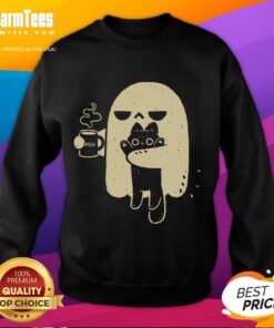 Cute ghost with a coffee cup and cat design on a comfy sweatshirt, perfect for Halloween and cozy vibes.