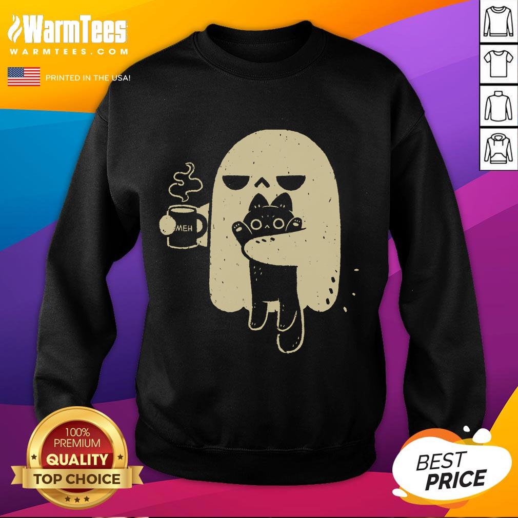 cute-ghost-meh-coffee-holding-cat-sweatshirt Cute ghost with a coffee cup and cat design on a comfy sweatshirt, perfect for Halloween and cozy vibes.