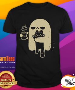 Alt Text: Cute ghost with coffee and cat on a t-shirt, perfect for Halloween lovers and cozy outfit enthusiasts.