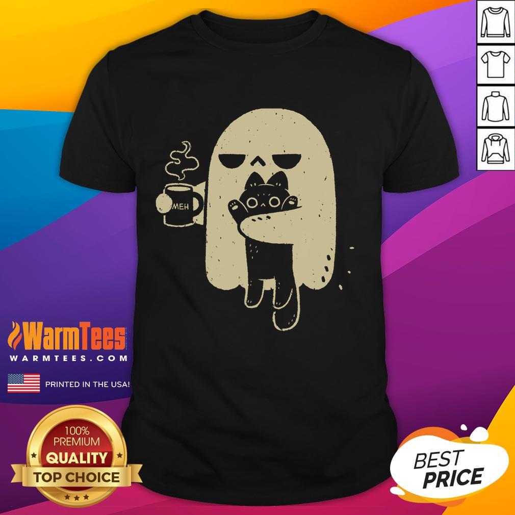 cute-ghost-meh-coffee-holding-cat-t-shirt-1 Alt Text: Cute ghost with coffee and cat on a t-shirt, perfect for Halloween lovers and cozy outfit enthusiasts.