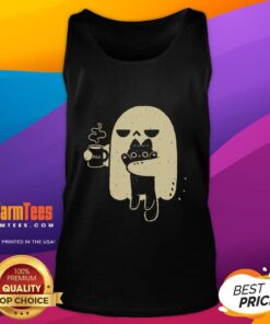 Cute ghost with a coffee cup holding a cat, featured on a stylish tank top design for Halloween lovers.