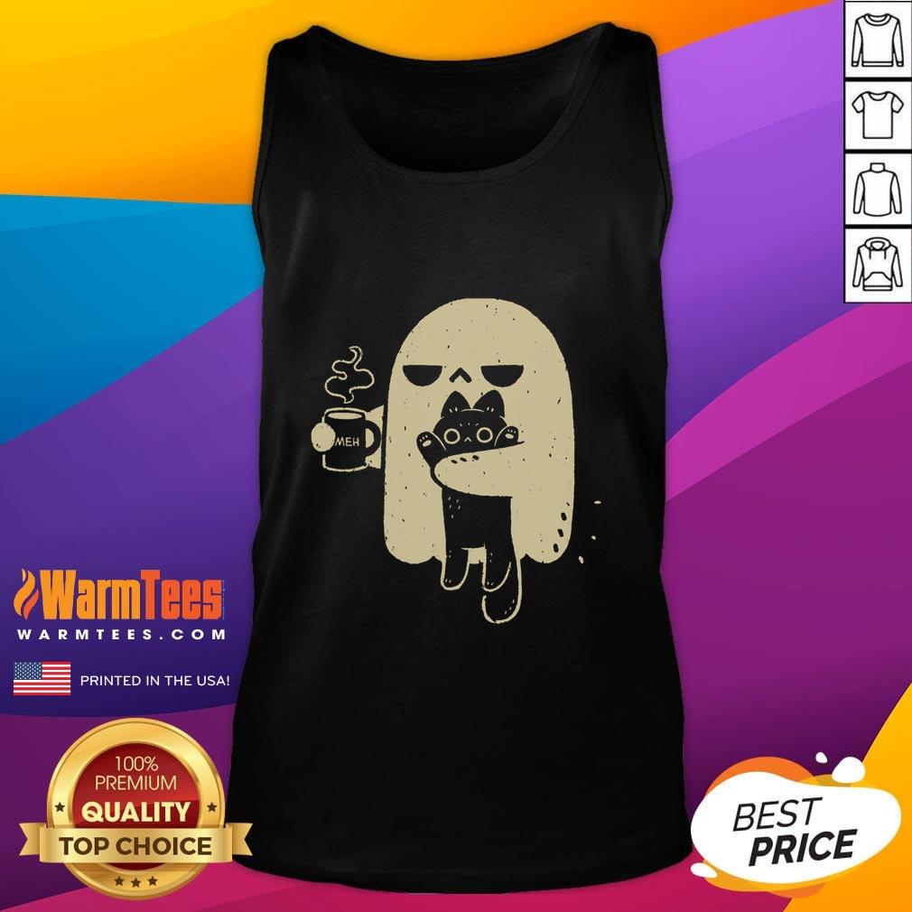 cute-ghost-meh-coffee-holding-cat-tank-top Cute ghost with a coffee cup holding a cat, featured on a stylish tank top design for Halloween lovers.