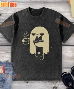 Alt Text: Cute ghost holding a cat and a coffee cup on a washed t-shirt design, perfect for Halloween and casual wear.