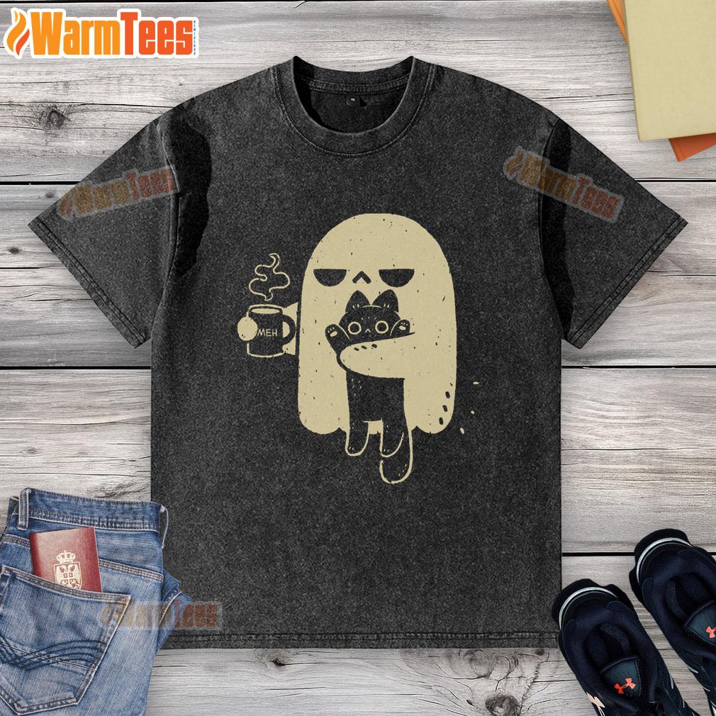 cute-ghost-meh-coffee-holding-cat-washed-t-shirt Alt Text: Cute ghost holding a cat and a coffee cup on a washed t-shirt design, perfect for Halloween and casual wear.