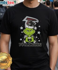 Alt Text: Cute Grinch Love Atlanta Falcons Football Merry Christmas T-Shirt featuring a festive Grinch design and Falcons logo.