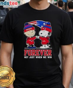Alt Text: Cute New England Patriots Charlie Brown and Snoopy Forever T-Shirt celebrating fandom, perfect for game day.