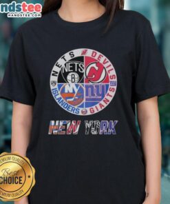 Adorable New Jersey Devils, Brooklyn Nets, New York Islanders mashup logo on a ladies tee, perfect for sports fans.