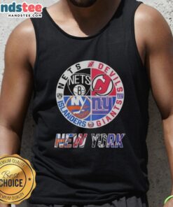 Alt Text: Cute mashup logo tank top featuring New Jersey Devils, Brooklyn Nets, and New York Islanders designs.