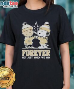 Alt Text: Cute New Orleans Saints Charlie Brown and Snoopy Forever tee for ladies, celebrating fandom beyond just winning.