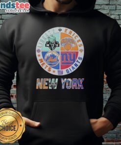 Alt Text: Cute New York Giants, Mets, Knicks & Liberty mashup logo hoodie showcasing vibrant team logos in a stylish design.