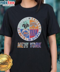 Cute New York Giants, Mets, Knicks, and Liberty mashup logo on a ladies tee, perfect for NYC sports fans.