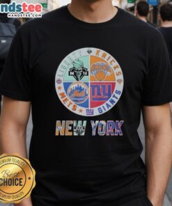 Alt Text: Cute New York Giants, Mets, Knicks, Libert mashup logo T-shirt showcasing NYC sports team spirit and style.