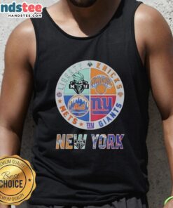 Alt Text: Cute tank top featuring a mashup logo of New York Giants, Mets, Knicks, and Liberty teams in vibrant colors.