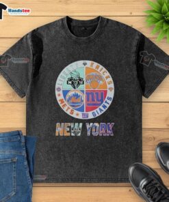 Alt Text: Cute New York Giants, Mets, Knicks, and Liberty mashup logo on a washed t-shirt, perfect for sports fans.
