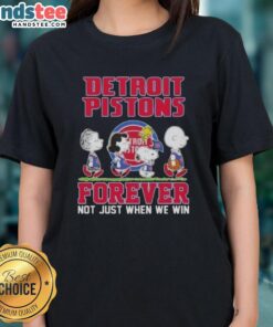 Alt Text: Cute Peanuts Snoopy and Friends Detroit Pistons Forever tee for ladies, perfect for fans celebrating team spirit.